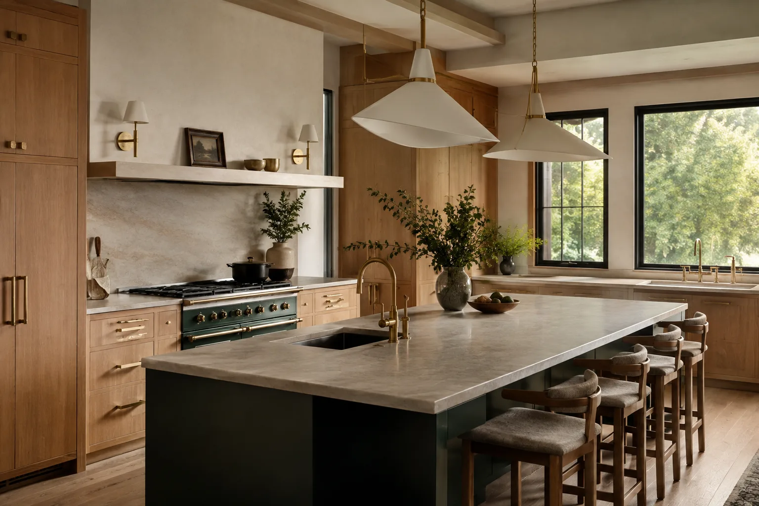 Warm kitchen with white oak cabinetry and a natural stone island
