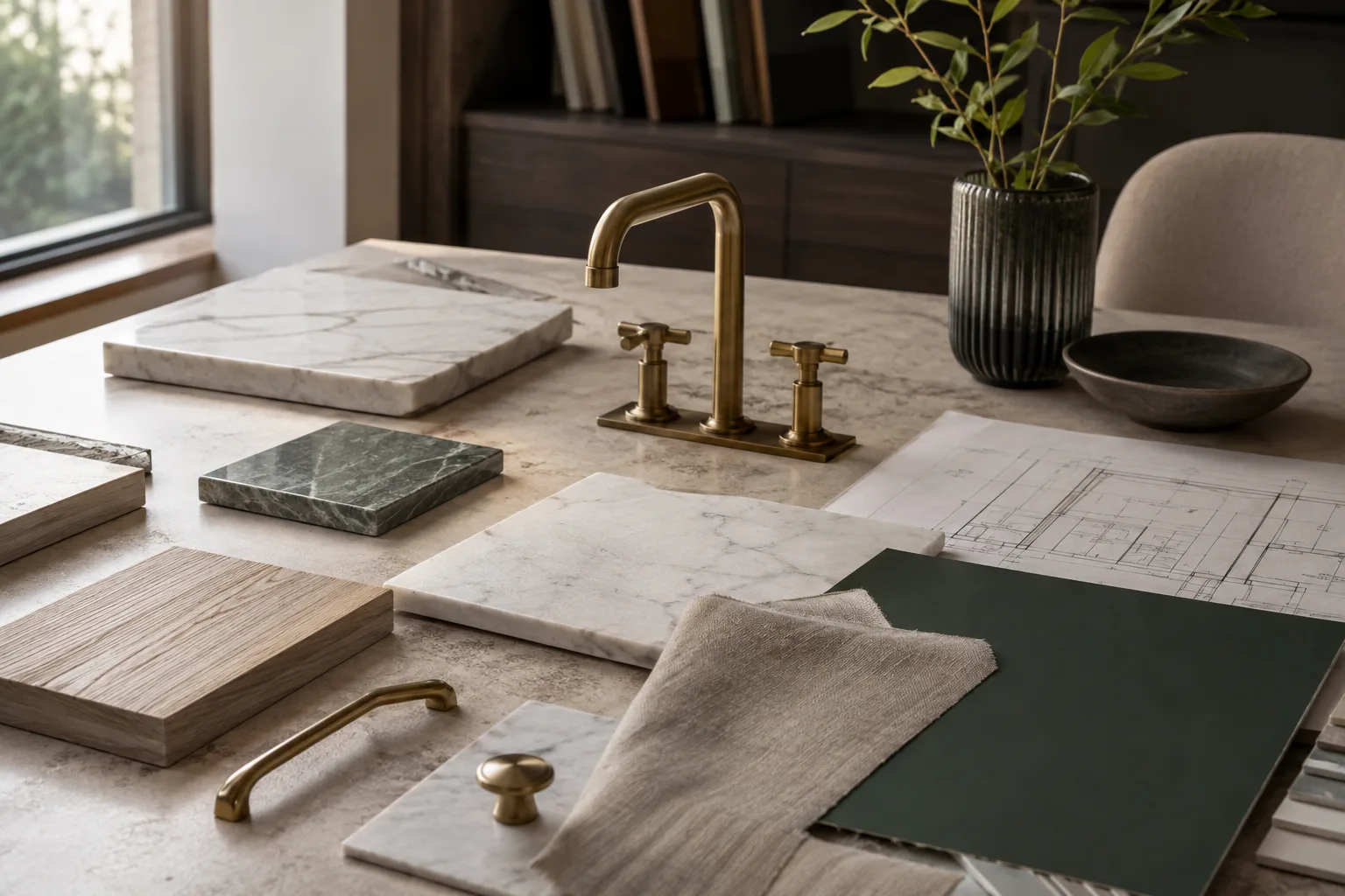 Natural stone, oak, brass and deep green material palette