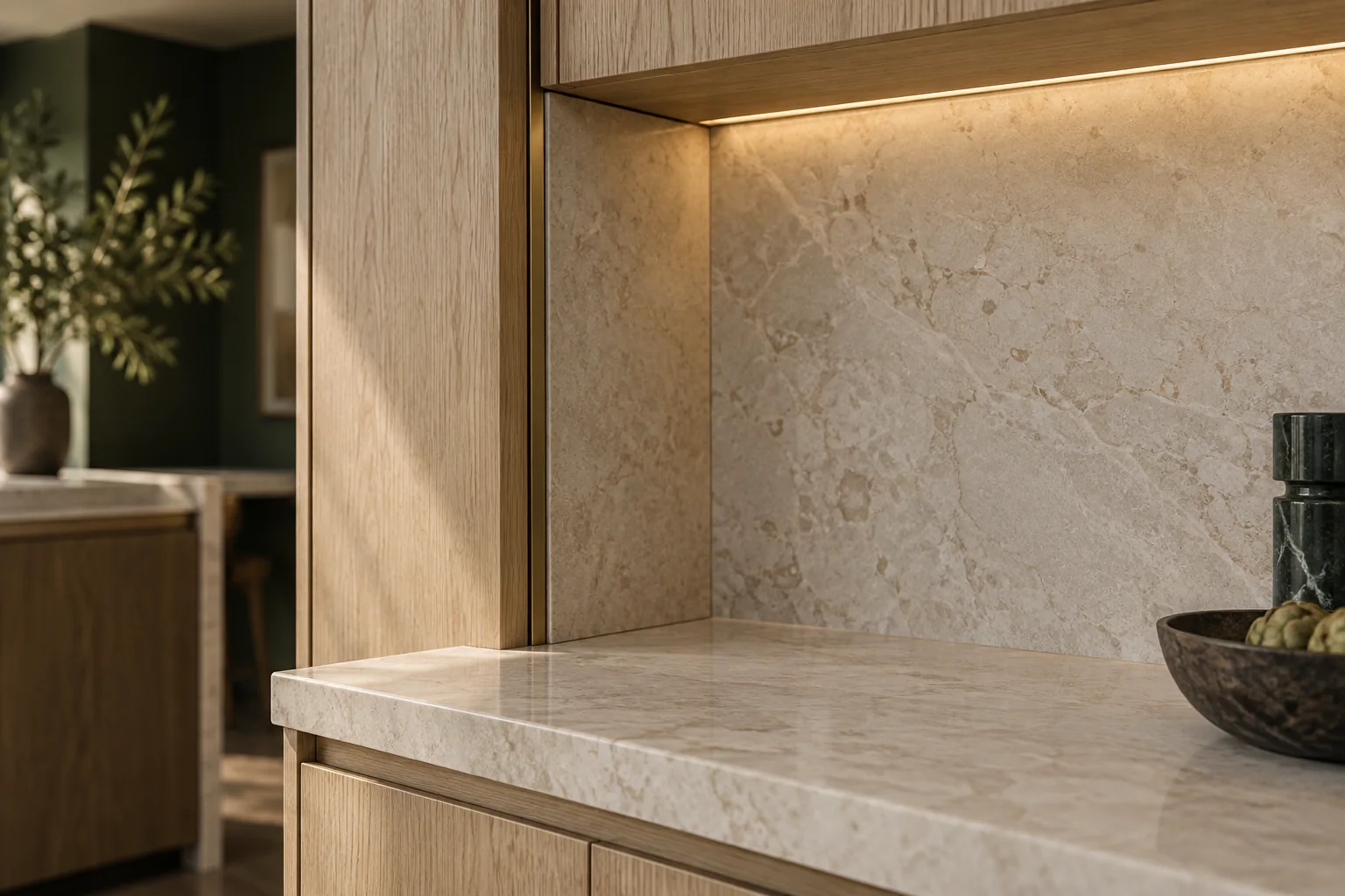 Precisely aligned white oak cabinetry, limestone surfaces and integrated lighting