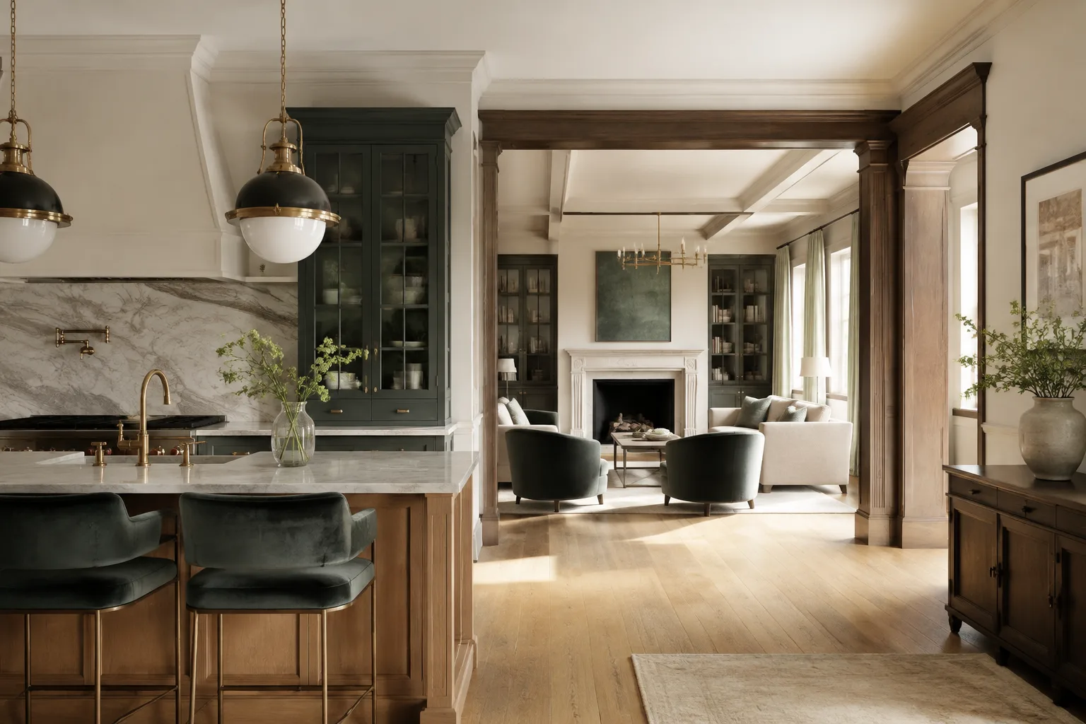 Refined kitchen and living space with natural wood, stone and deep green cabinetry